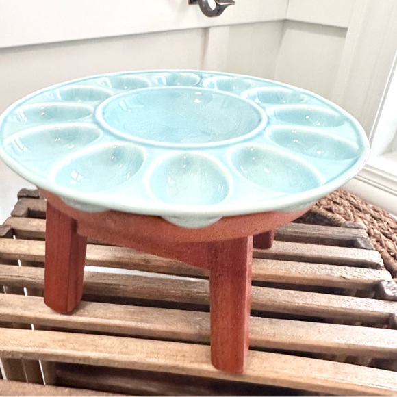 Vintage Deviled Egg Light Blue Ceramic Plate Platter Serving Dish 11” Portugal - Picture 2 of 9